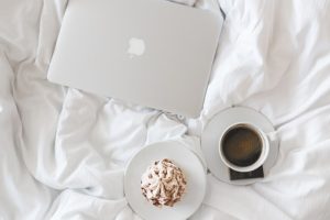laptop, coffee, pastry