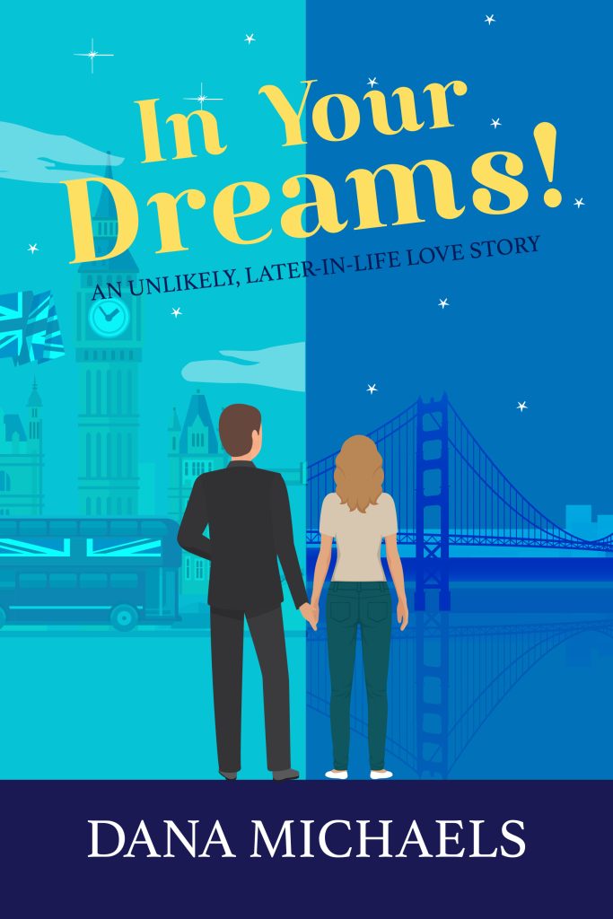 Book cover divided vertically. On left a brown-haired white man in a black suit faces a turquoise tinted Queen Elizbeth Tower and Big Ben clock in the background. On right a shorter brunette woman wearing olive jeans and a tan T-shirt holds his hand as she faces a blue-tinted Golden Gate Bridge.