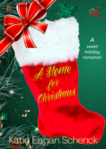 A red stocking against a green background with the words 